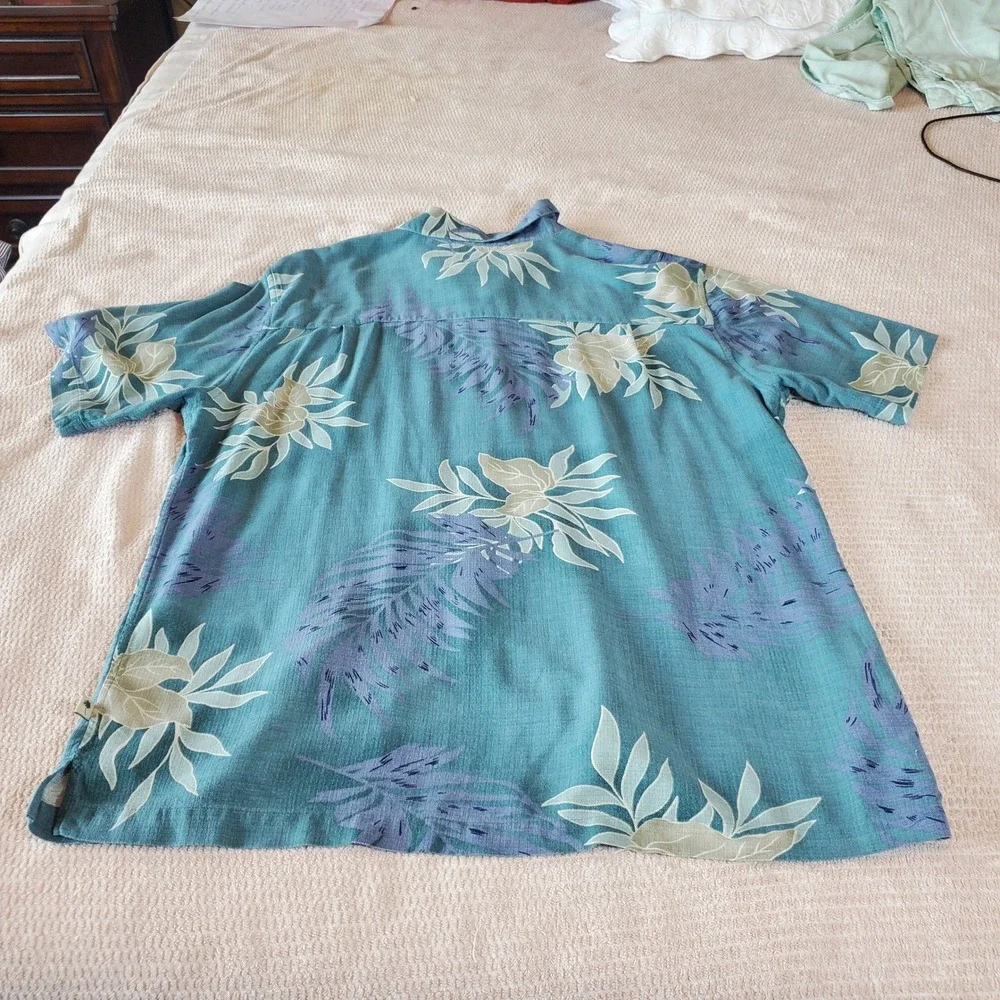 Island Shores Mens Large Teal Blue 100% Washable Silk Tropical Floral Camp Shirt